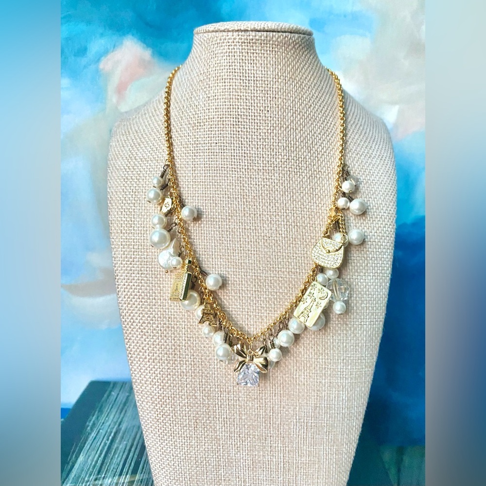 LilyLilyL Charming Gold-Tone & Pearl Statement Necklace w/Bow & Crystal Charms - Picture 3 of 10